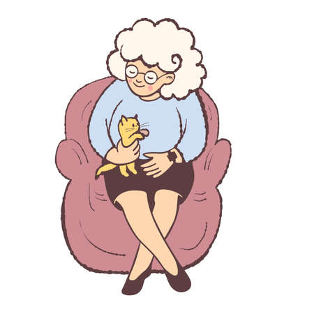An old lady with a cute kitten. Vector illustration with cartoon style.のイラスト素材