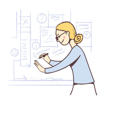 A young woman draws a diagram on a blackboard. Vector illustration with cartoon style.のイラスト素材