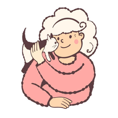 An old lady with a cute kitten. Vector illustration with cartoon style.のイラスト素材