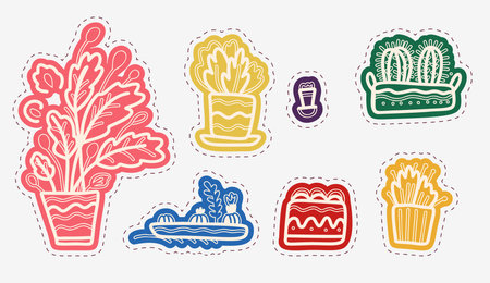 Stickers with flowers in pots in the doodle style. vector illustration.のイラスト素材