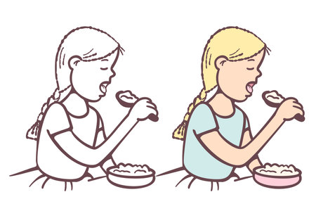 The girl eats porridge for breakfast. Vector illustration with cartoon style.のイラスト素材