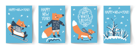 A set of winter postcards with cute foxes. vector illustrationのイラスト素材