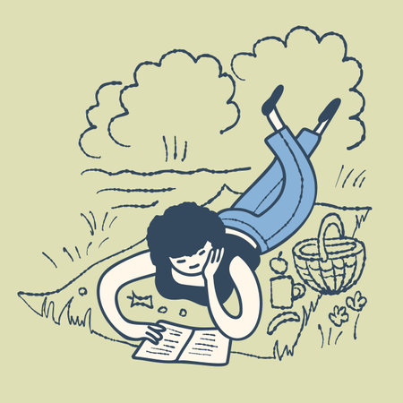 outdoor recreation. A girl is reading a book. Vector illustration in cartoon style.のイラスト素材