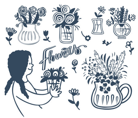 A woman with flowers in vases. Vector illustration in doodle style.のイラスト素材
