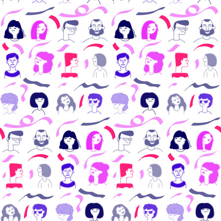 Seamless pattern with portraits of people. Vector illustration in doodle style.のイラスト素材