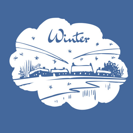 Christmas card in retro style. Winter landscape with a small village at sunset. vector illustration.のイラスト素材