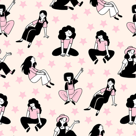 Seamless pattern with people. Vector illustration in doodle styleのイラスト素材