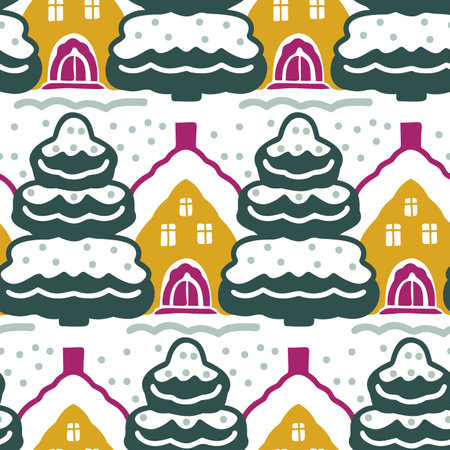 Winter landscape with a small village. Seamless pattern. vector illustration.のイラスト素材