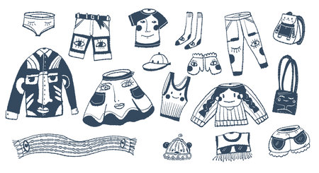 Drawing of clothes with prints in the style of doodle. vector illustration.のイラスト素材