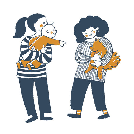 Two women with a baby and a dog in their arms. vector illustrationのイラスト素材