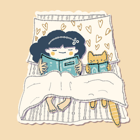 A girl with a cat reading books in bed. Vector illustration in doodle style.のイラスト素材