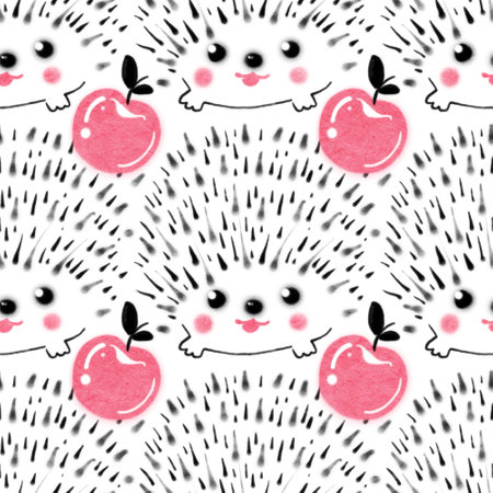 Seamless pattern with hedgehogs and apples. hand-drawn illustration.の写真素材