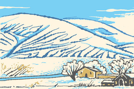 Winter landscape with mountains and a village. vector illustration.のイラスト素材