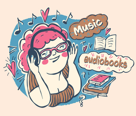 A cheerful old lady listens to music with headphones. Vector illustration in cartoon style.のイラスト素材