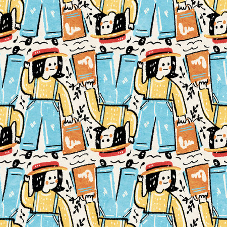 Seamless pattern with stylized people in naive style. hand-drawn illustration.の写真素材