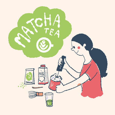 The girl makes matcha tea. Vector illustration in cartoon style.のイラスト素材