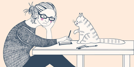A sad woman and her cat. Drawing from a sketchbook. vectorのイラスト素材