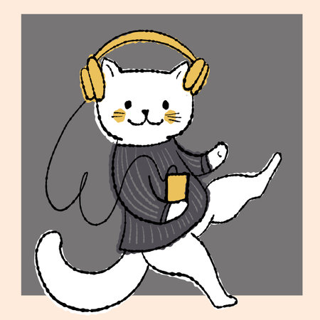Cute white cat wearing headphones. vector illustrationのイラスト素材
