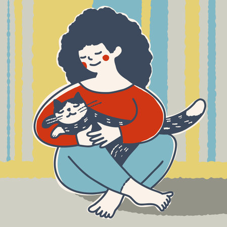 A woman with a cat in her arms. Vector illustration in cartoon style.のイラスト素材