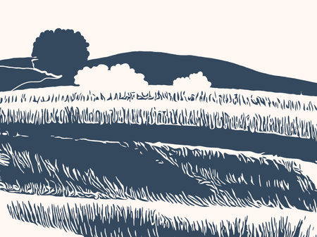 Rural landscape. Graphic monochrome ink drawing. vector illustrationのイラスト素材