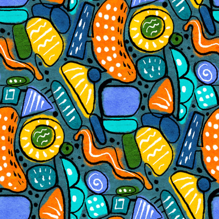 Abstract seamless pattern with drawing in doodle style. Drawing watercolor and ink.