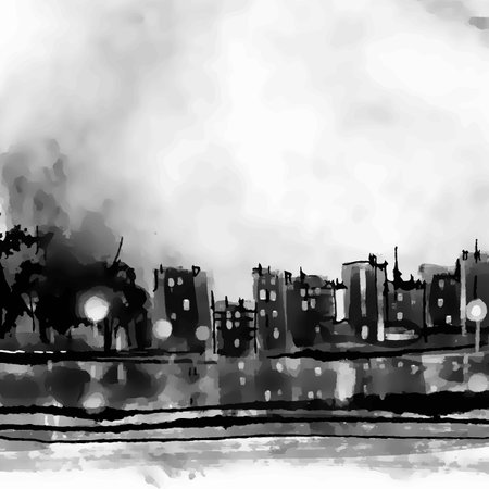 Panorama of the night city. Charcoal drawing. Monochrome vector illustration.のイラスト素材