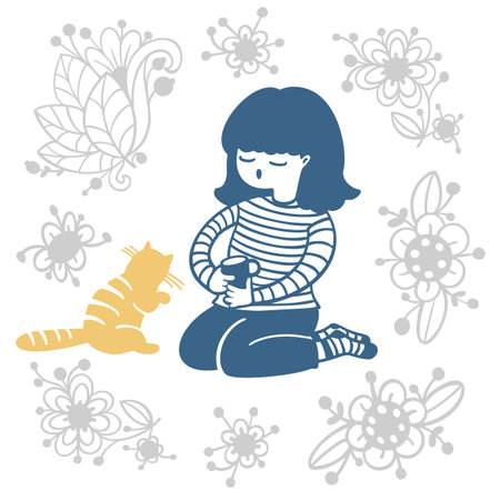 A girl with her beloved cat. Vector illustration in cartoon style.のイラスト素材