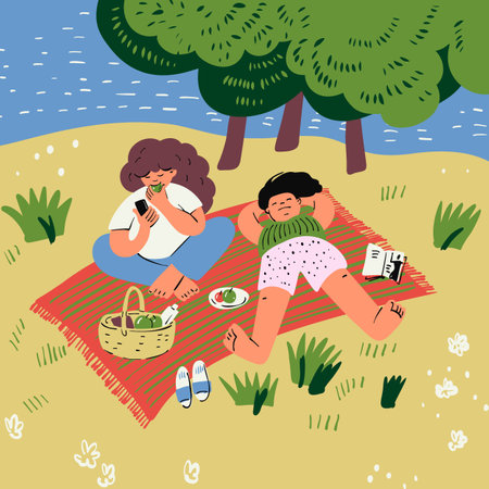 People on a picnic on the riverbank. Vector illustration in doodle style.のイラスト素材
