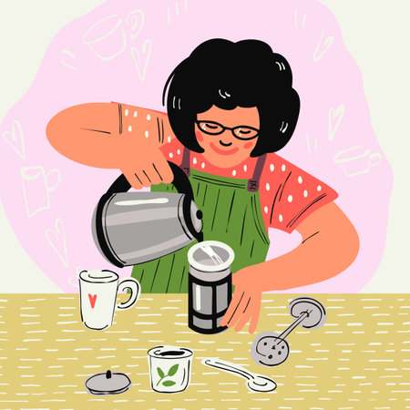 A woman makes tea. Vector illustration in cartoon style.のイラスト素材