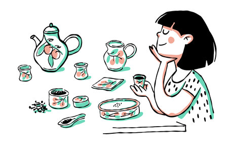 The girl drinks Chinese tea. Vector illustration in doodle style.のイラスト素材
