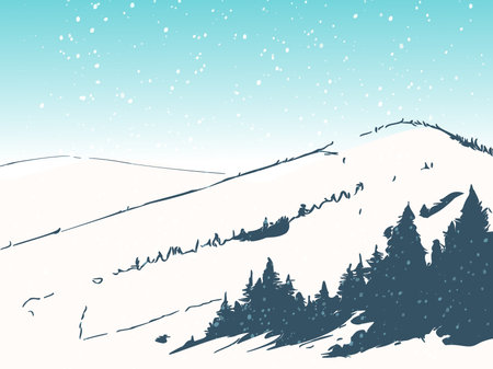 Abstract winter landscape with mountains and fir trees. vector illustrationのイラスト素材