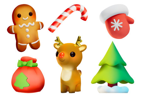 Christmas decor - gingerbread, candy, mitt, gift bag, deer and Christmas tree. 3 d realistic illustration in cartoon style. Vector.のイラスト素材