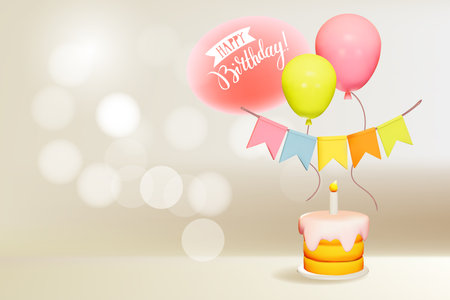 Happy birthday template design with balloons, cake and flags. 3d vector illustration with space for text.のイラスト素材