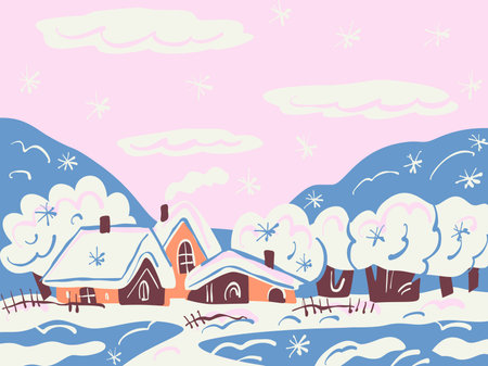 Winter landscape with a village. Vector illustration in cartoon style.のイラスト素材