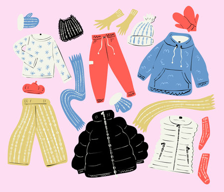A set of stickers in warm winter clothes. Vector illustration in the flat style.のイラスト素材