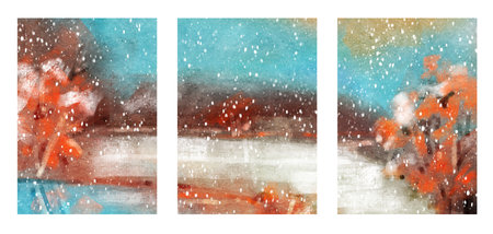 Winter landscape. The river. Drawing in watercolor and colored pencils. Hand-drawn illustration.の写真素材