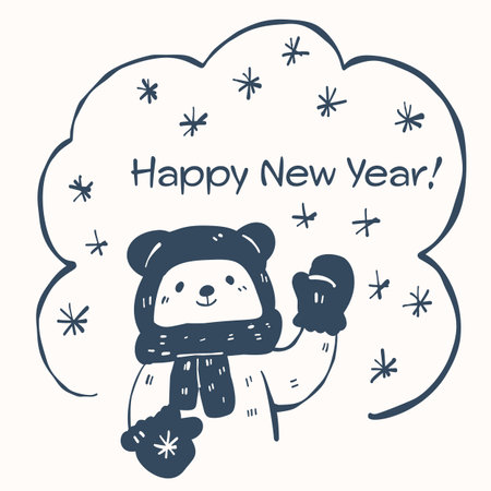 A "Happy New Year" card with a cute bear. Monochrome Vector Illustrationのイラスト素材