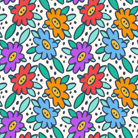 Seamless pattern with flowers in doodle style. Vector illustration.のイラスト素材