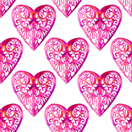 Seamless pattern with watercolor hearts. Hand-drawn illustration.