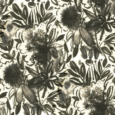 Black and white seamless pattern with flowers. Ink Drawing. hand-drawn illustration.の写真素材