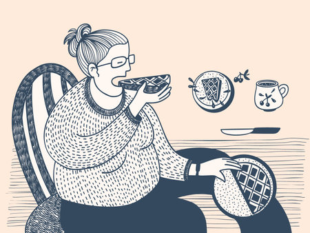A woman is eating a pie. Sketch in ink. Vector illustration.のイラスト素材