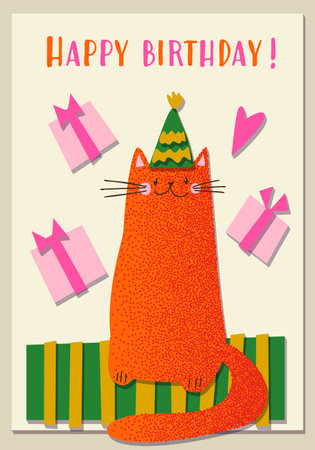 A birthday card with a cat and gifts. Paper application. Collage art. Vectorのイラスト素材