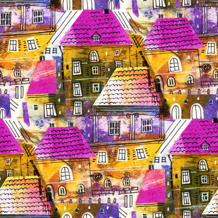 Seamless pattern with a small town. Paper application. Collage art.の写真素材
