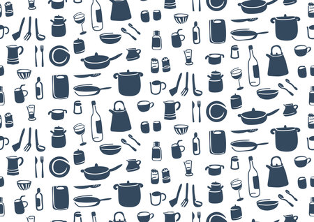 Seamless pattern with kitchen utensils. Monochrome vector illustrationのイラスト素材