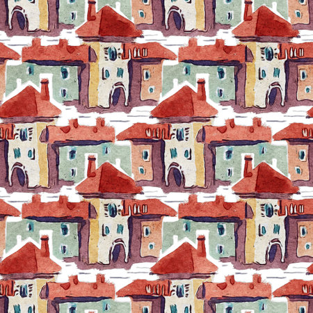 Seamless pattern with a town. Digital illustration.の写真素材