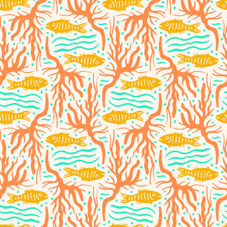 Marine seamless pattern with fish and corals. Retro vector illustration.のイラスト素材