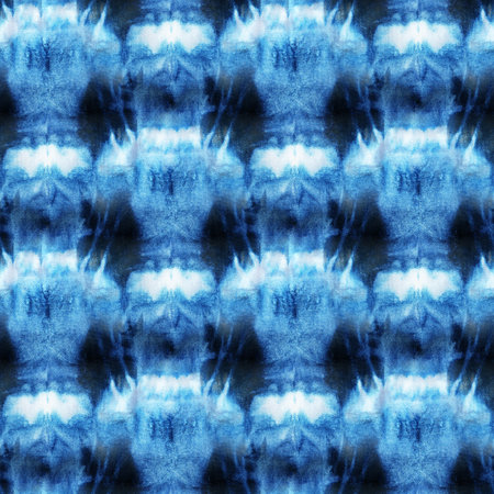 Seamless tie-dye pattern of indigo color on white silk. Hand painting fabrics - nodular batik....