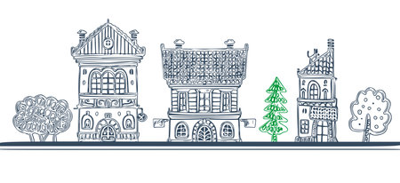 A set of Houses and trees. Monochrome vector illustration in doodle style.のイラスト素材