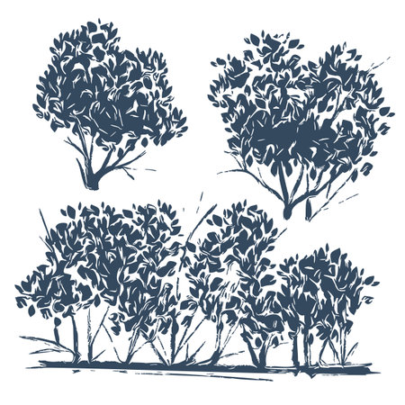Silhouettes of trees with foliage. Monochrome vector illustration.のイラスト素材