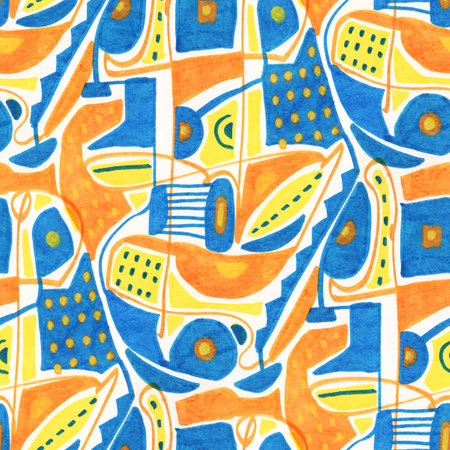 Abstract seamless pattern with watercolor drawing in doodle style. Drawing with markers.の写真素材